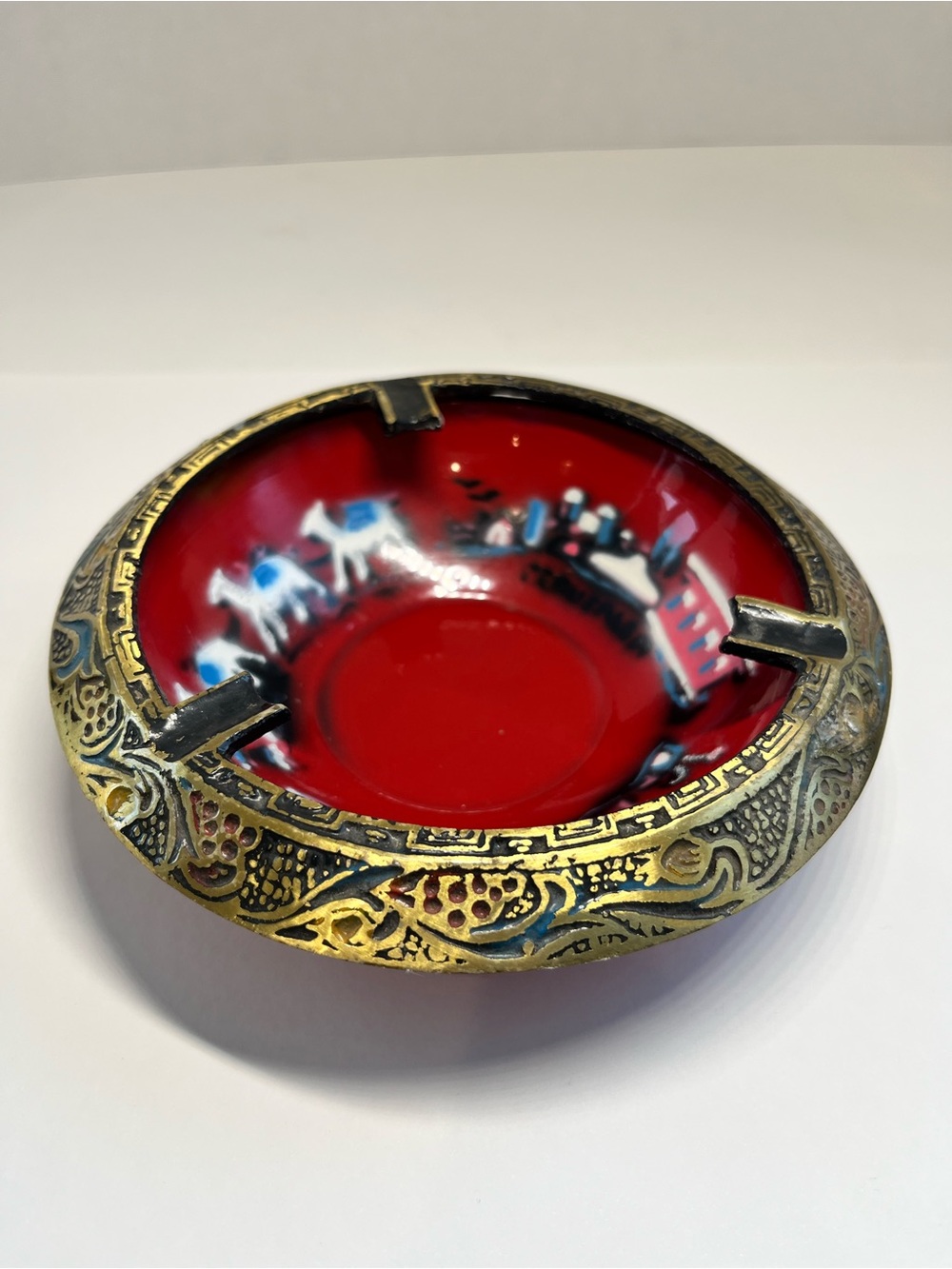 Ashtray Red Decorative Brass Trim Red Enamel Bowl Home Art Accent